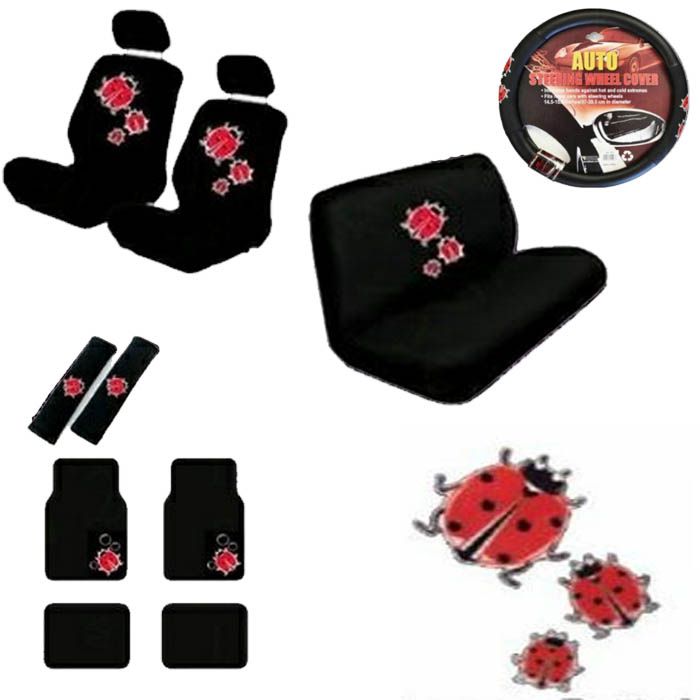 15pc Set Van Seat Cover Cute Red Ladybugs Black Floor Mats Wheel Belt