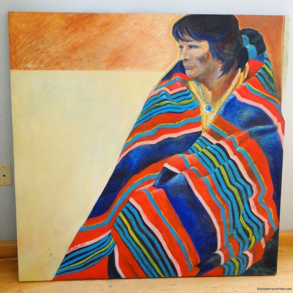 LARGE ORIGINAL PAINTING RAY CRENNA NATIVE AMERICAN INDIAN WOMAN IN