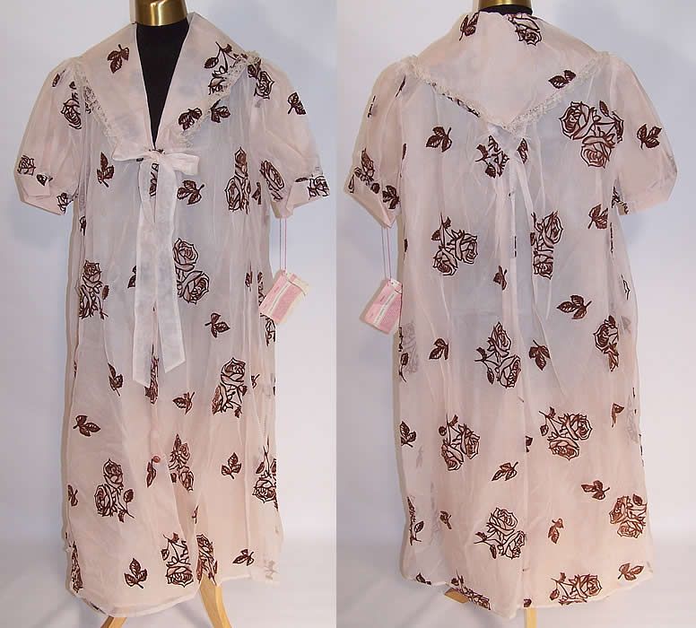 Vintage 1960 Charmode Blush Nylon Brown Roses Negligee Peignoir Robe