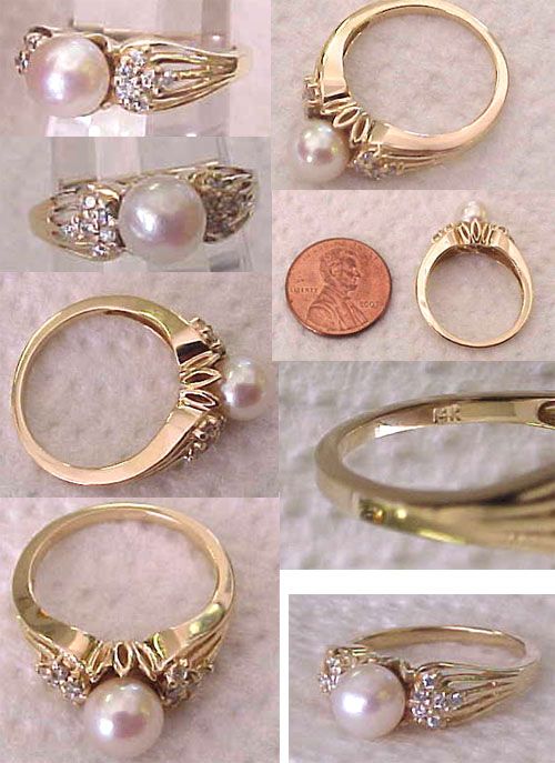 14k Yellow Gold Ladies Cultured Pearl Diamond Ring
