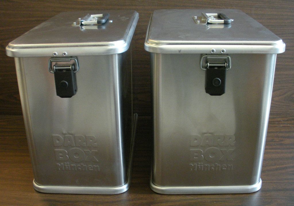 Darr aluminum pannier cases attach to Hepco & Becker rack carrier BMW