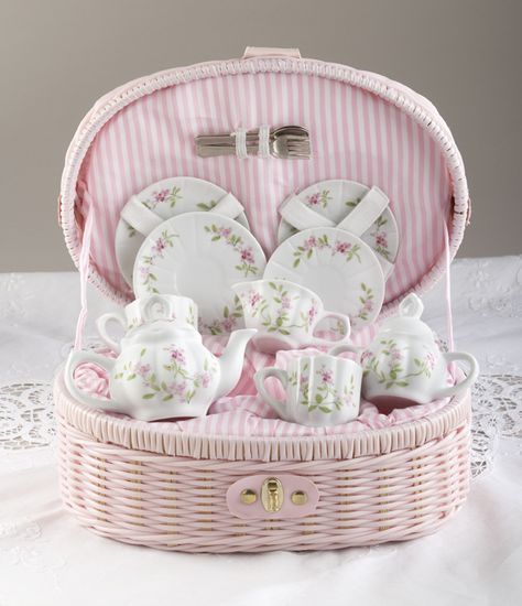 Delton Childrens Porcelain Tea Set for 2 in Wicker Basket Pink Phlox