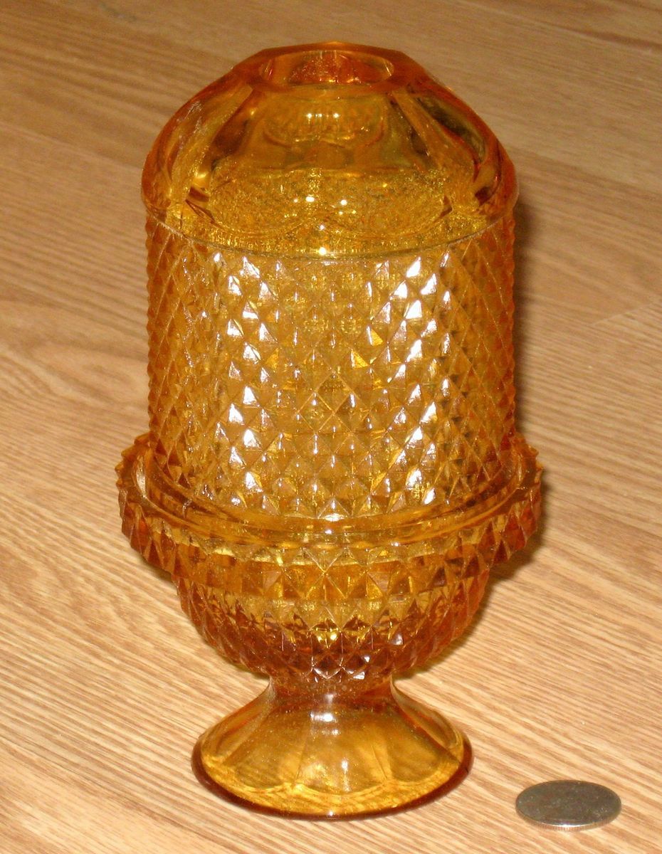 VIKING GLASS amber DIAMOND POINT candle holder FAIRY LAMP light hand
