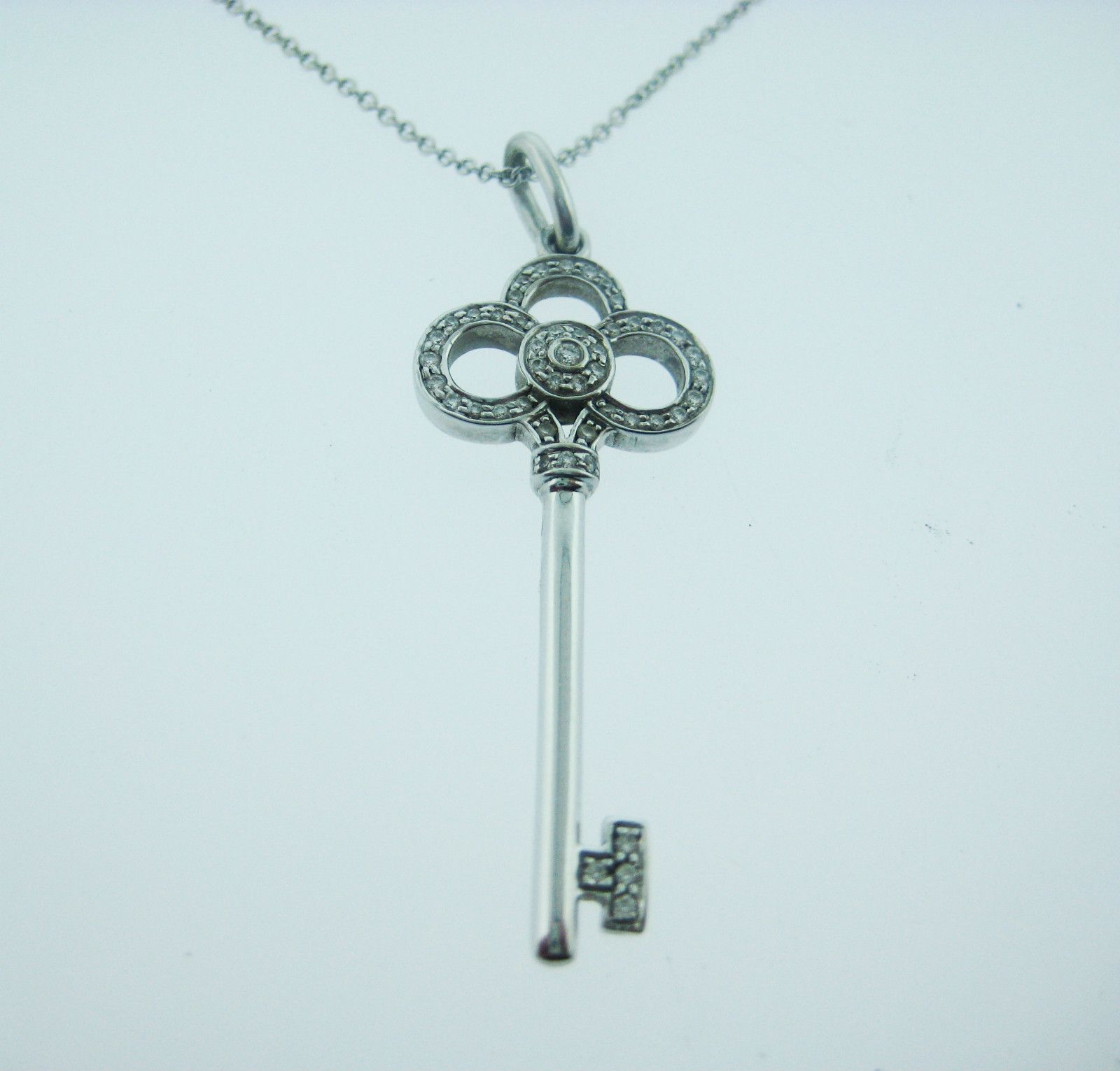  Tiffany Co 18K White Gold Crown Diamond Key Pendant Necklace