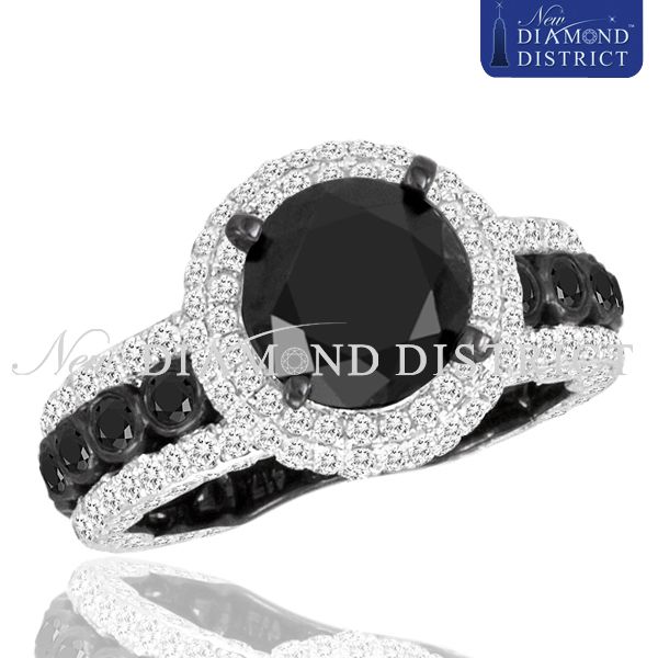  Total Fancy Black Round Diamond Engagement Ring 14k Black Gold