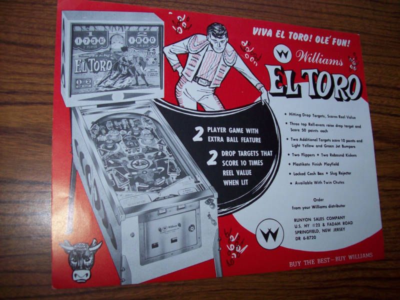 Williams El Toro Original Pinball Machine Sales Flyer Brochure 1963