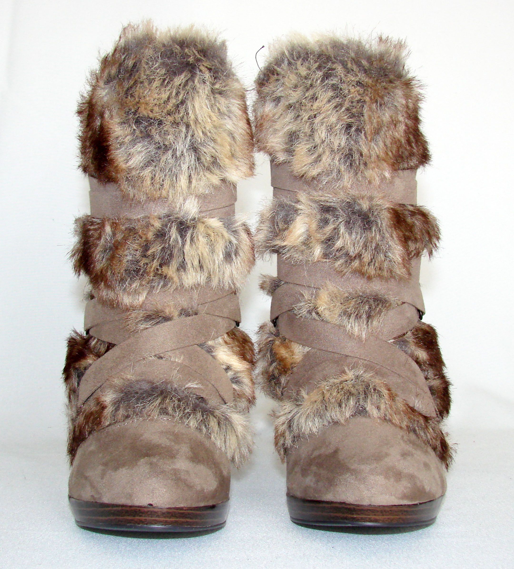 ELLE Sz 9 Taupe Suede & Fur Ankle Boots 4 Stacked High Heel Zippered