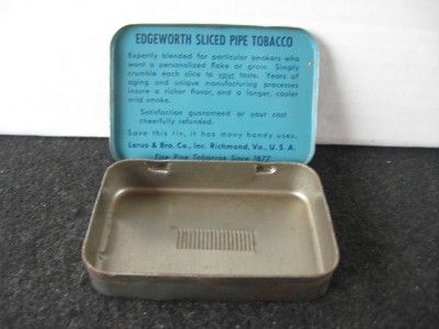 This tin is a vintage edgeworth tobacco tin. It is blue with black