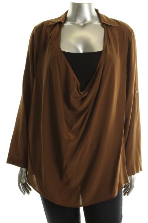 Eileen Fisher New Bronze Silk Crepe Drape Front Boxy Blouse Shirt Plus