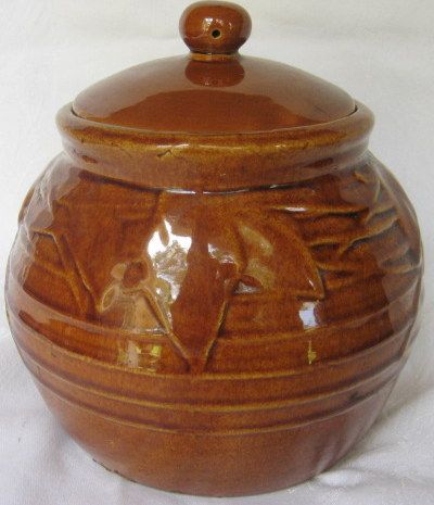  Pottery Brown Bean Pot Gloss Ceramic Cookie Jar RARE 1940s Mint