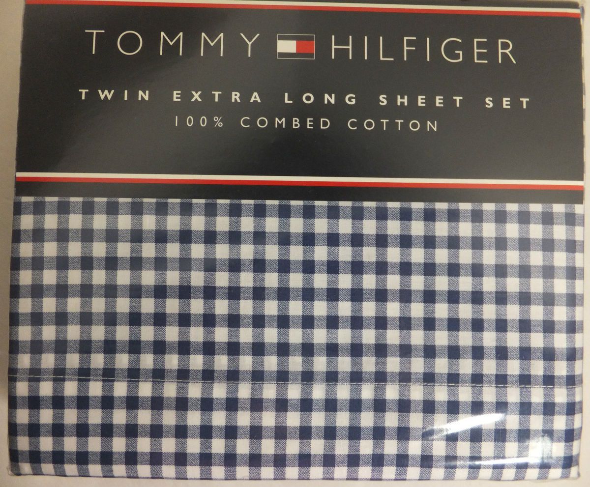 Tommy Hilfiger TWIN Extra Long Sheet Set 100% Combed Cotton Blue/White