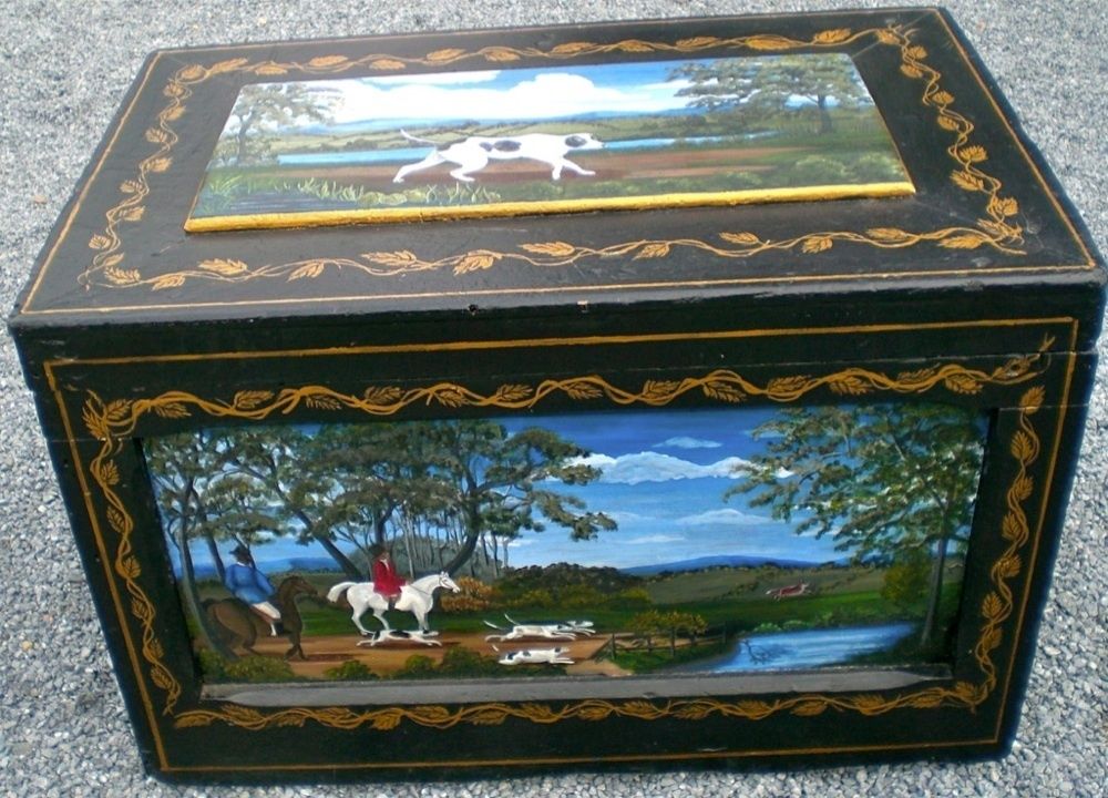 Vintage Hand Painted Equestrian Hunt Tack Trunk