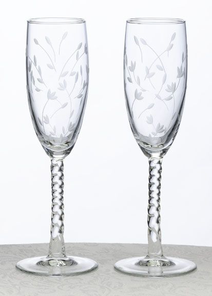 Elegant Floral Etched Toasting Glasses Wedding Flutes