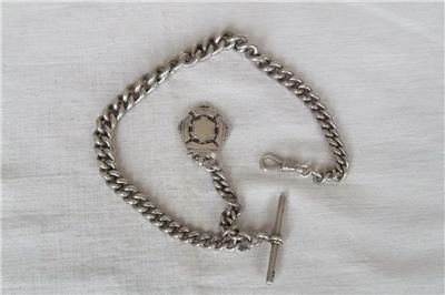  SOLID STERLING SILVER GRADUATED WATCH CHAIN WITH T BAR & FOB BIR 1915