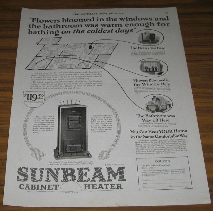 1924 Ad Sunbeam Cabinet Heaters Fox Furnace Elyria Ohio