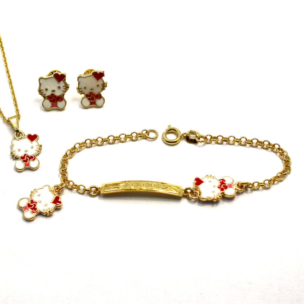 Set Gold 18K GF Earrings Girl Red Heart Hello Kitty Necklace Bracelet