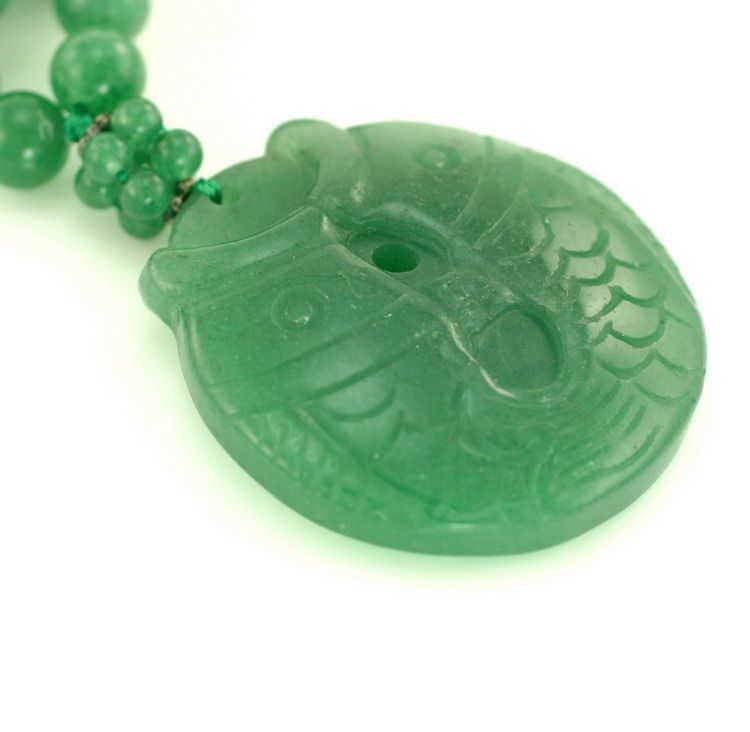  Green Jade Carved Double Fish Koi Pendant Hand Etched Beaded Necklace