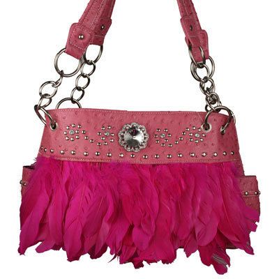 Pink Feather Rhinestone Stud Western Handbag Purse