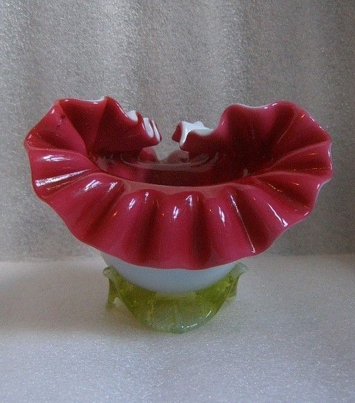 Victorian Cased Dark Rose Ruffled Candy Bowl w Applied Vaseline Leaf