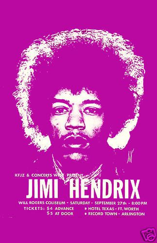 Jimi Hendrix at Fort Worth Texas Concert Poster 1970