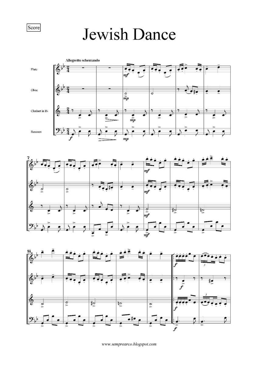 JEWISH DANCE woodwind quartet sheet music Flute Oboe Clarinet Bassoon