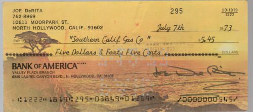 1973 3 Stooges Curly Joe Derita Signed Personal Check