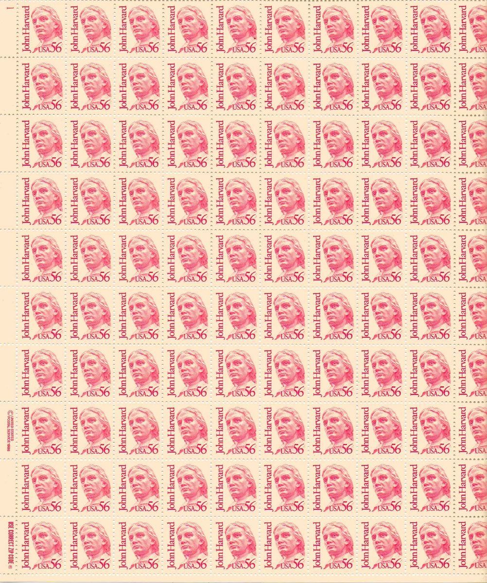 John Harvard Sheet of 100 x 56 Cent US Postage Stamps New Scot 2190  