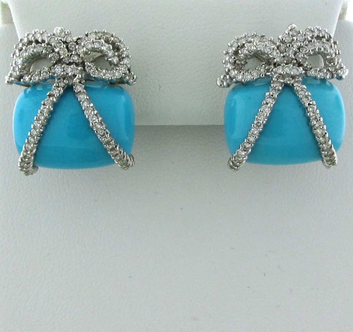 Estate 18K White Gold Diamond Turquoise Bow Earrings