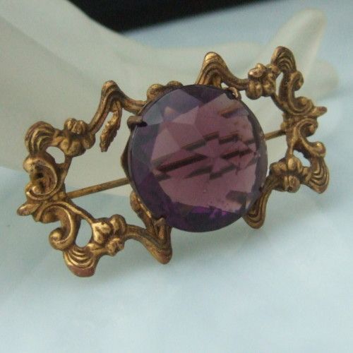 Art Nouveau Pin Brooch Large Faceted Purple Glass