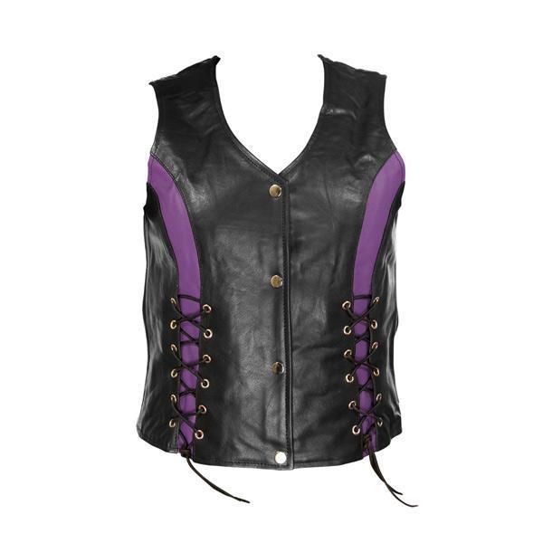 Womens Black Purple Leather Motorcycle Vest with Front Laces M