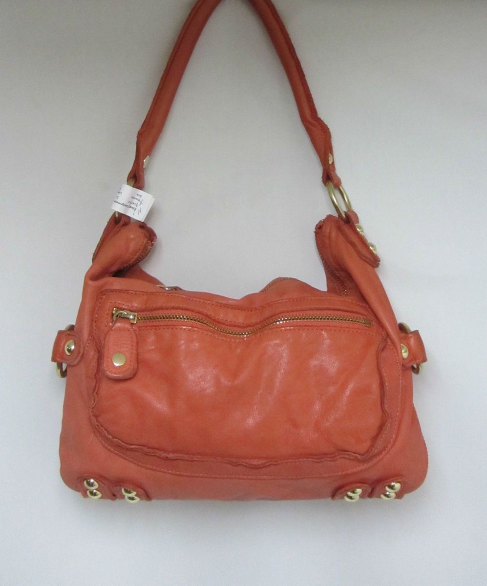 Linea Pelle Orange Leather Shoulder Bag with Gold Detailing