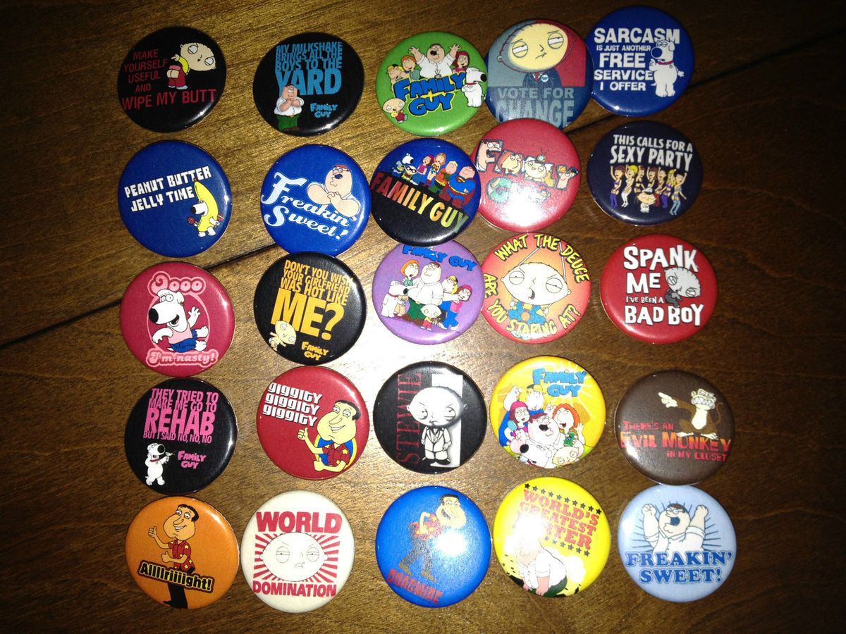 of 25 Badges Pins Buttons Peter Stewie Lois Chris Brian Griffin