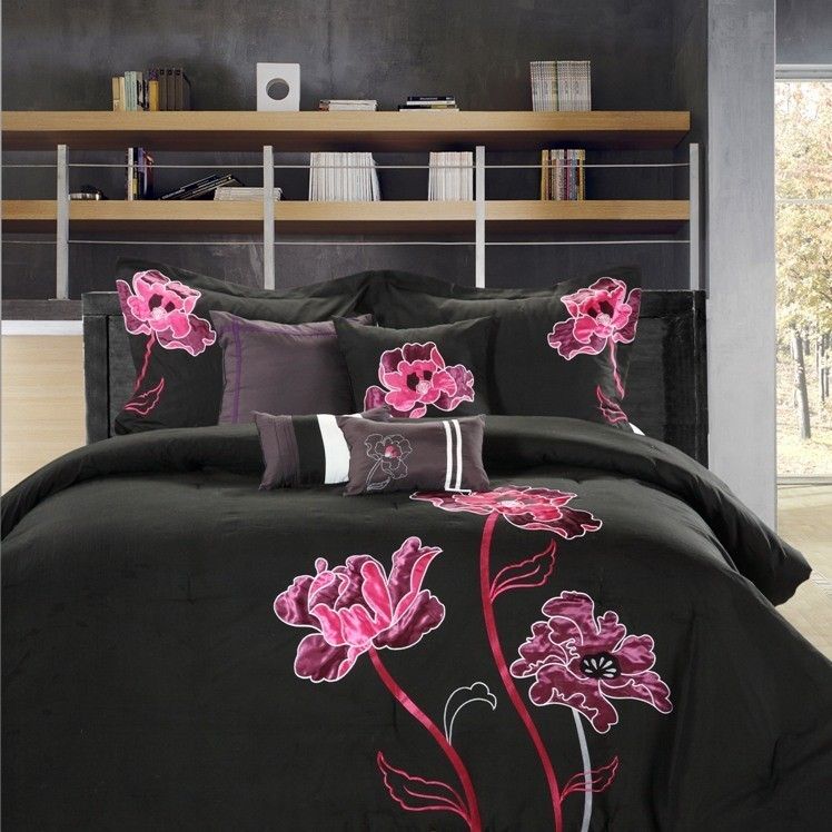 8PC Luxury Comforter Bed Skirt Bedding Set Deep Orchid Black Pink