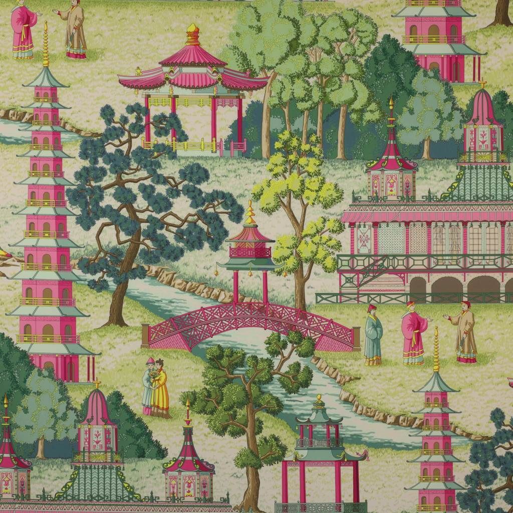 Manuel Canovas Pagoda Chinoiserie Toile Fabric 10 Yards Rose Multi
