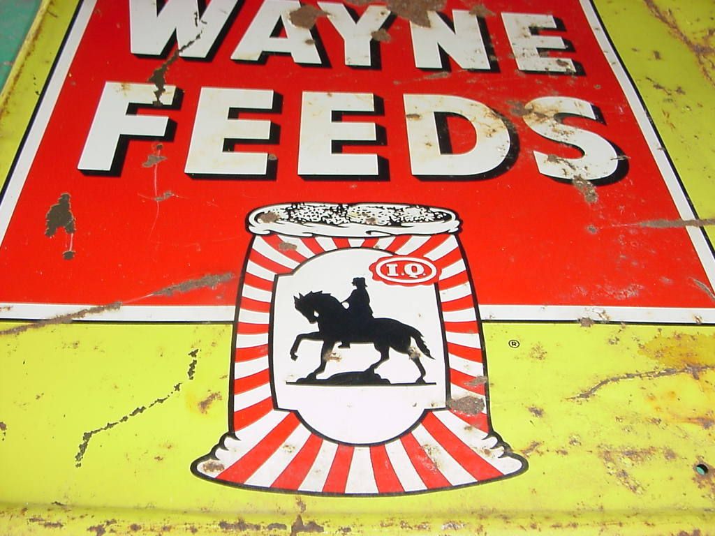 Unusual 1940s Vintage Wayne Feeds Mendon IL Old Tin Dealer Sign