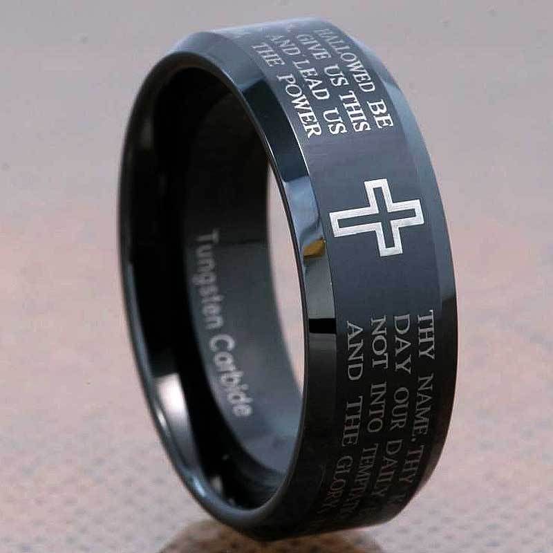 8mm Black Tungsten Carbide Christian Cross Bible Scroll Etch Mens