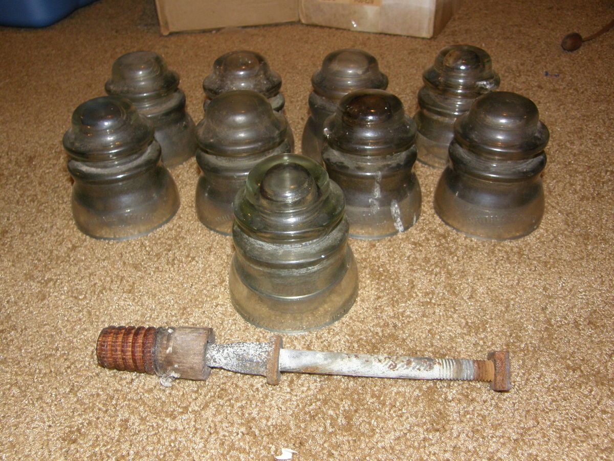 Lot of 9 Vintage Insulators with Pole Armstrong and Whitall Tatum