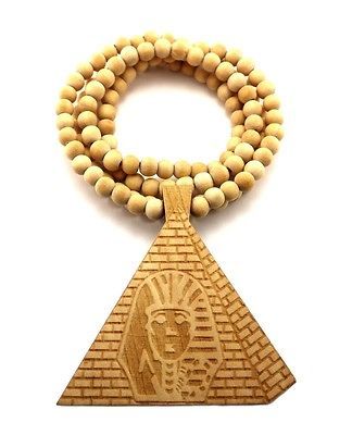 PHARAOH IN THE PYRAMID GOOD QUALITY WOOD PENDANT 8mm BALL NECKLACE