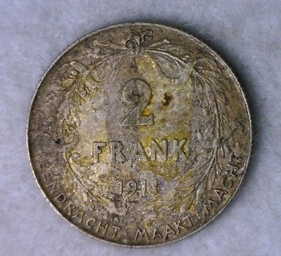 BELGIUM 2 FRANCS 1911 VERY FINE SILVER COIN