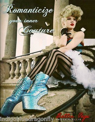 Bettie Page Lady Gaga 5.5 Heel Less Glitter Boots Turquoise Blue