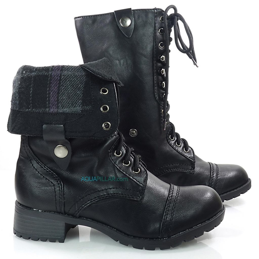 Oralee Black P Leather Foldable Women Combat Boots Laced Up Soda Shoes