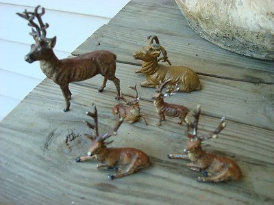 Vintage Lot 6 Putz German Lead Metal Deer Reindeer Buck Fiqures