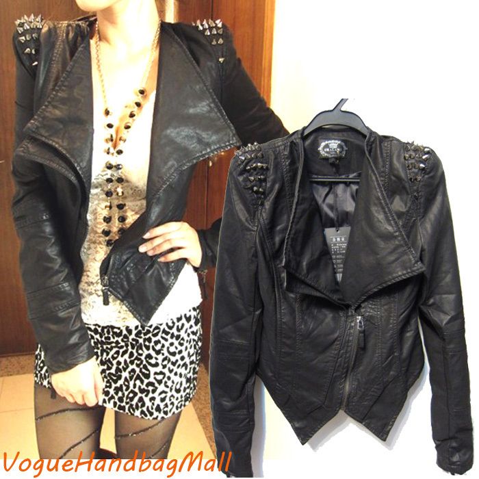 Punk Strong Spike Studded Shoulder Cropped Synthetic Leather Biker